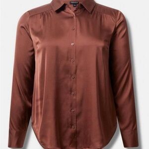 Torrid Women’s 1X Madison Satin Button Up Long Sleeve Shirt | Root Beer
